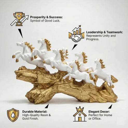 White & Gold Seven Horses Vastu Showpiece for Home Decor