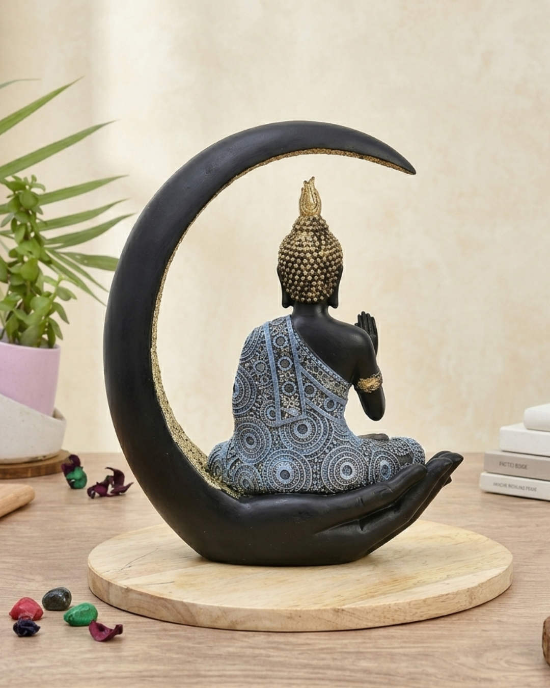 Black & Gold Moon Buddha Statue for Home Decor