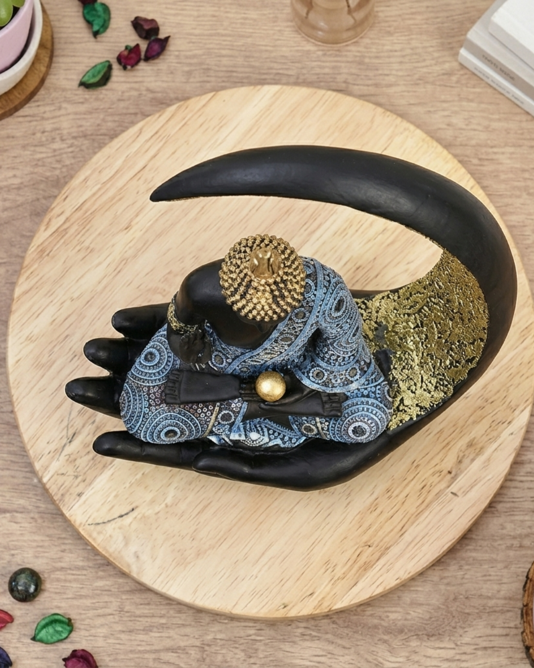 Black & Gold Moon Buddha Statue for Home Decor