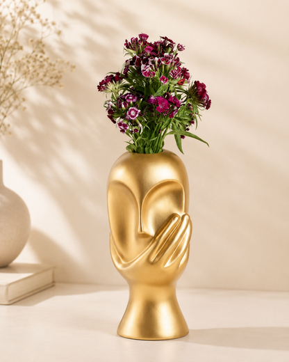 Golden Face Flower Vase with Hand Sculpture
