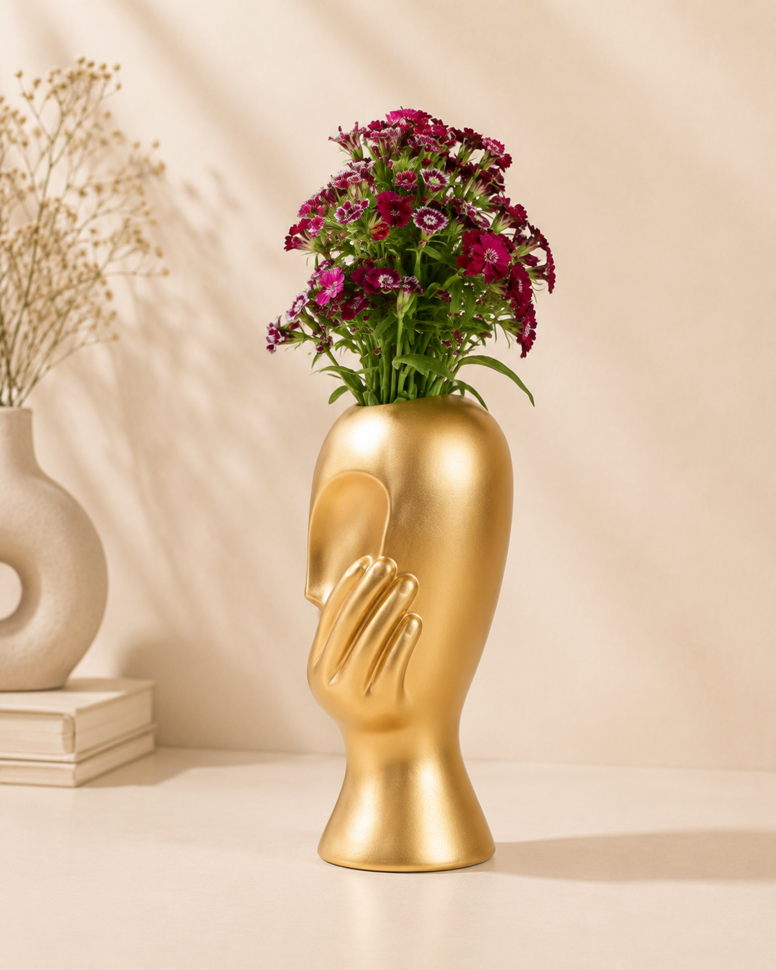 Golden Face Flower Vase with Hand Sculpture