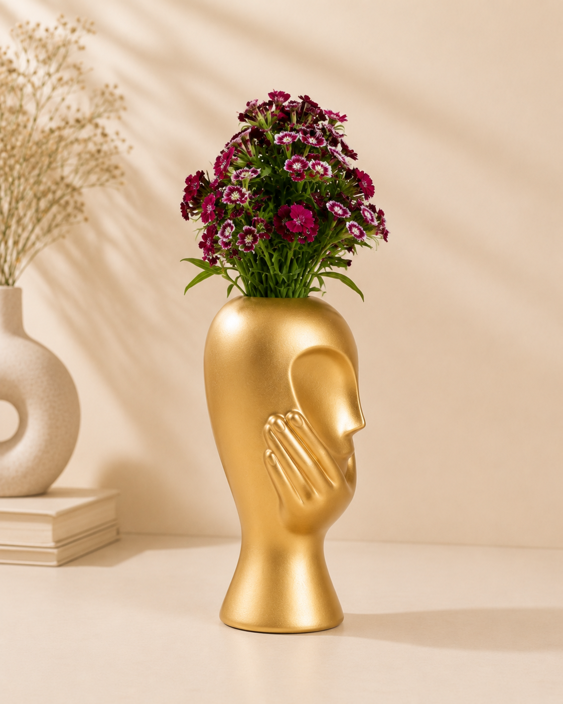 Golden Face Flower Vase with Hand Sculpture