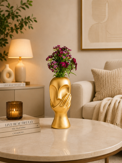 Golden Face Flower Vase with Hand Sculpture