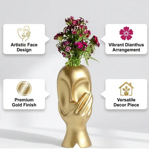Golden Face Flower Vase with Hand Sculpture | Luxury Decorative Vase