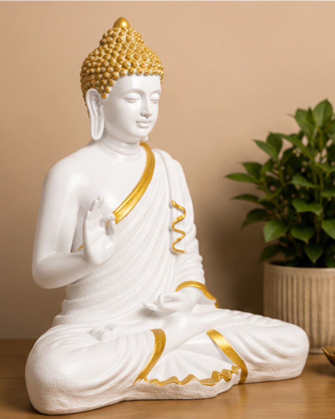 Luxury White & Gold Meditating Buddha Statue for Home Décor