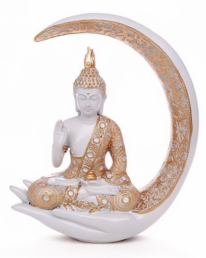 White & Gold Moon Buddha Statue for Home Decor | Premium Luxury Buddha Showpiece