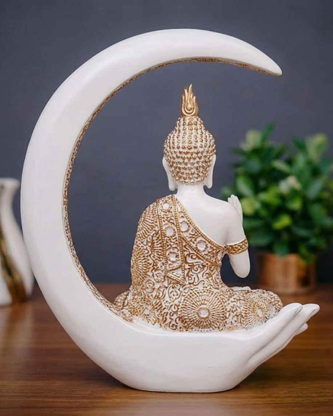 White & Gold Moon Buddha Statue for Home Decor | Premium Luxury Buddha Showpiece