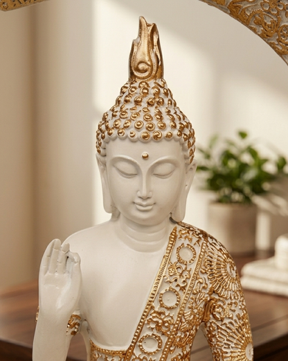 White & Gold Moon Buddha Statue for Home Decor | Premium Luxury Buddha Showpiece