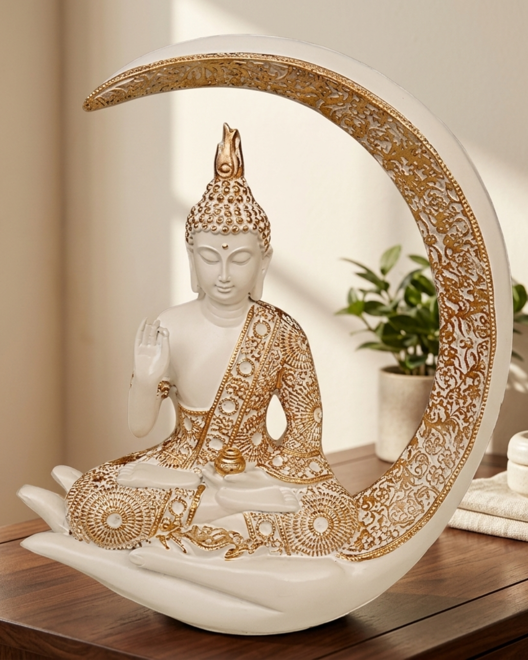 White & Gold Moon Buddha Statue for Home Decor | Premium Luxury Buddha Showpiece