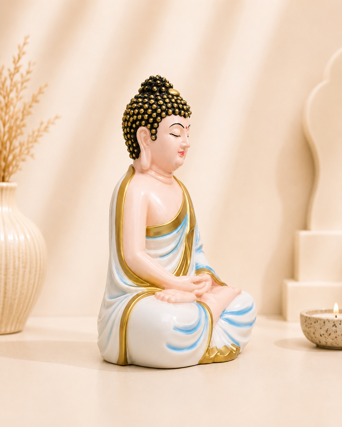 White & Sky Blue Buddha Statue