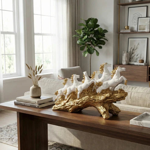 White & Gold Seven Horses Vastu Showpiece for Home Decor