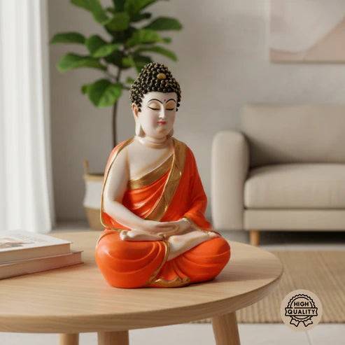 Orange & Gold Buddha Statue | Premium Spiritual Home Decor Showpiece