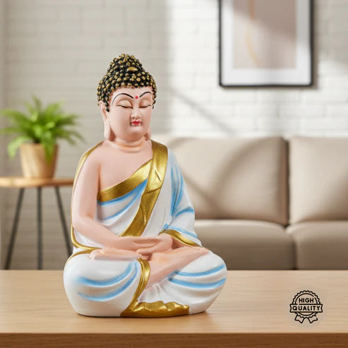 White & Sky Blue Buddha Statue | Premium Spiritual Home Decor Showpiece
